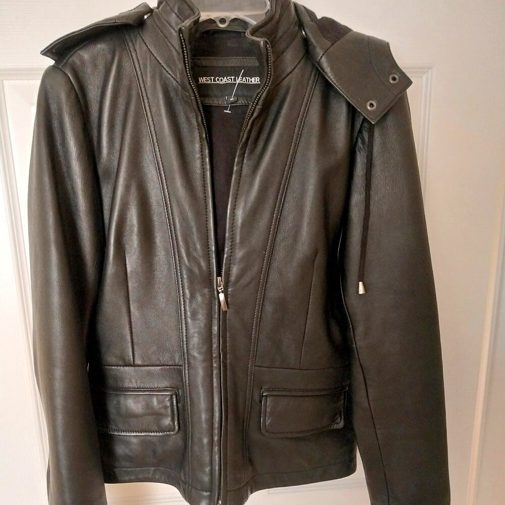 West Coast Black Leather Jacket  with removeable hood Womens size M